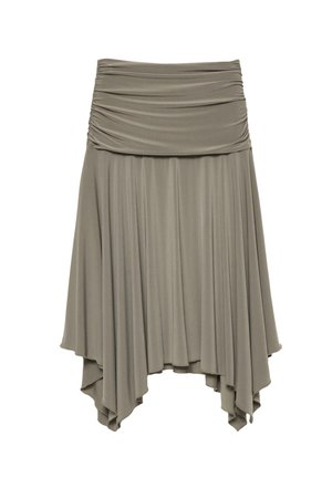 Gonna arricciata e asimmetrica in morbido tessuto grigio. Caratterizzata da una vita arricciata e un orlo fluido e drappeggiato con una silhouette unica.