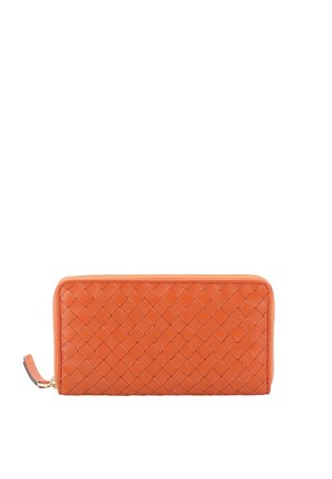 Orange woven leather wallet with a smooth texture, zip closure, and a side tassel. Rectangular shape with a flat design and no visible hardware.