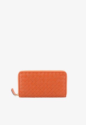 Orange woven leather wallet with a smooth texture, zip closure, and a side tassel. Rectangular shape with a flat design and no visible hardware.
