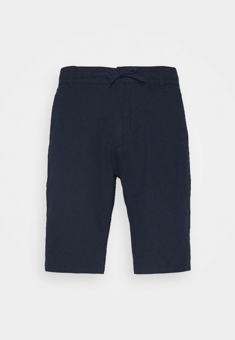 Shorts bleu marine longueur genou avec passants pour ceinture et taille à lien coulissant noué devant, présentés sur fond blanc uni.