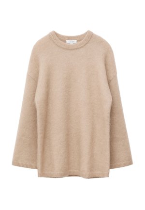 Beiger Pullover mit langen Ärmeln, Rundhalsausschnitt, weicher, flauschiger Textur und lockerem Schnitt, vor weißem Hintergrund dargestellt.