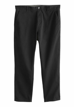 Pantalones negros de pierna recta con lazos para cinturón, botón frontal, cierre de cremallera y bolsillos laterales con abertura.