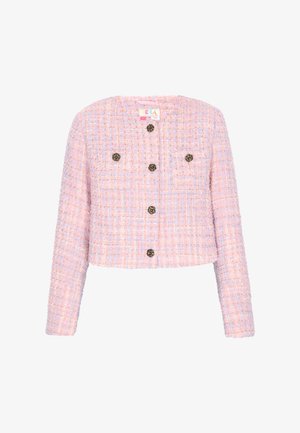 Pink- und lila Tweed-Cropped-Jacke mit langen Ärmeln und sechs schwarzen Blumenknöpfen, die in zwei Reihen auf der Vorderseite angeordnet sind.