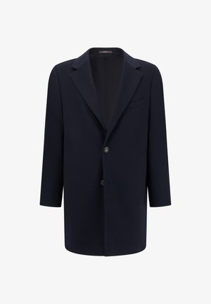 Marineblauer Wollmischmantel mit klassischem Kragen, zwei Knöpfen und einer einzelnen Tasche; mit weiten Ärmeln und geradem Saum.