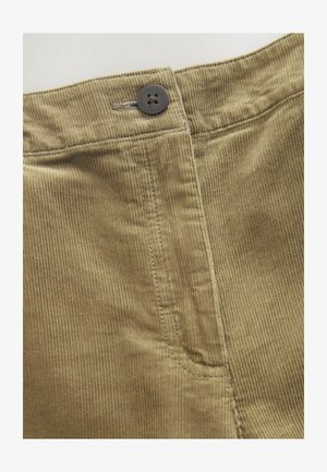 Brown corduroy fabric features vertical ribbing, a visible pocket, and a button closure at the waist. Detailed stitching accents.