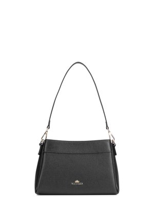 Sac à épaule en cuir noir texturé avec une bandoulière unique et des fermoirs dorés, avec un petit logo doré sur le devant.