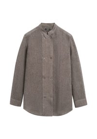 Tmavě šedá lněná kuchařská bunda s dlouhým rukávem, stojáčkovým límcem a dvouřadým zapínáním na knoflíky.