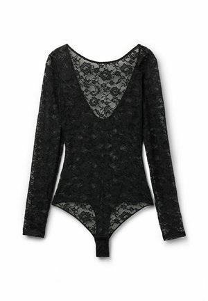 Schwarzer langärmeliger Spitzen-Body mit floralem Muster und tiefem V-Ausschnitt, gefertigt aus transparentem Stoff und mit Druckknopfverschluss im Schritt.