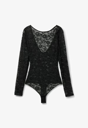 Body negro de manga larga con encaje y patrón floral, con escote en V profundo, diseñado con tela transparente y cierre de broche en la entrepierna.