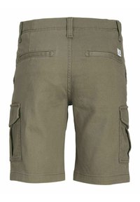 Pantaloni cargo verde oliva con due tasche posteriori, tasche laterali cargo, parte anteriore piatta e orli cuciti, realizzati in cotone resistente.