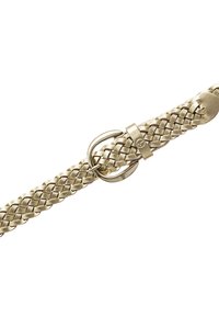 Sammenflettet læderbælte i metallic guld med en rund metalspænde og en slank justeringssløjfe, der har en glat tekstur og minimalistisk design.