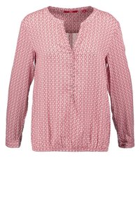 Blouse à manches longues en rouge clair avec un motif géométrique, décolleté en V et détails de boutons sur le devant. Le tissu a une texture lisse.