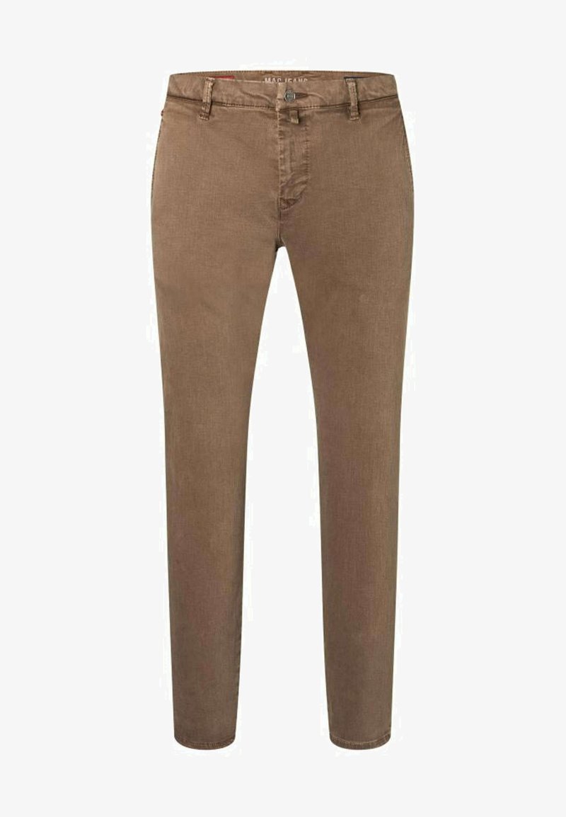 Brown slim-fit trousers made of cotton with a smooth texture. Features a zip fly, button closure, and five pockets for storage.