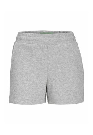Grey cotton shorts with an elastic waistband, smooth texture, and side pockets. Simple design, mid-thigh length, without patterns or accents.