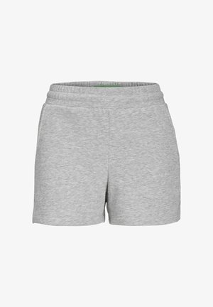 Shorts en coton gris avec une taille élastique, texture lisse et poches latérales. Design simple, longueur mi-cuisse, sans motifs ni accents.