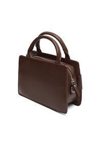 Borsa a mano in pelle marrone di forma rettangolare, con doppio manico e chiusura a zip. Texture liscia con decorazioni minime.