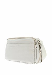 Borsa beige con texture, di forma rettangolare, dotata di due scomparti con zip e tracolla regolabile. Design leggero e minimalista.