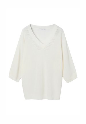 White V-neck knitted sweater with three-quarter sleeves and subtle eyelet pattern along the neckline.