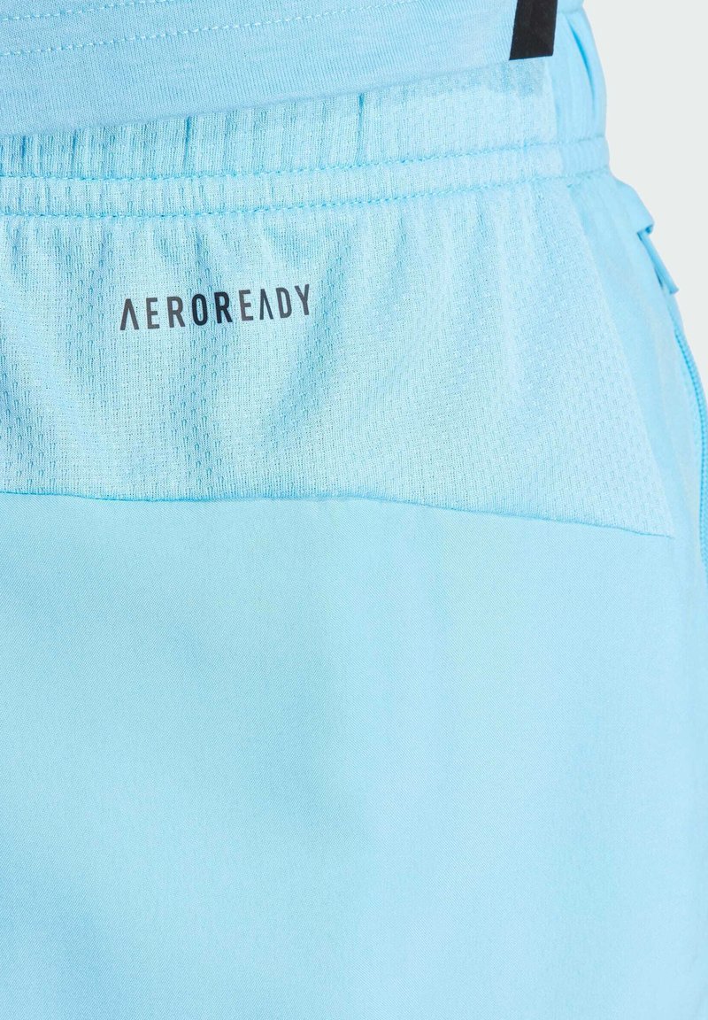Helleblaue Sportshorts aus atmungsaktivem Mesh-Material, mit elastischem Bund und "AEROREADY"-Logo auf der Rückseite.