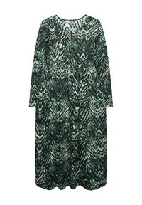 Pitkä vihreä mekko, jossa on teksturoitu, abstrakti kuvio ja valkoiset korostukset. Mekossa on pitkät hihat ja pyöreä pääntie. Kevyt kangas.