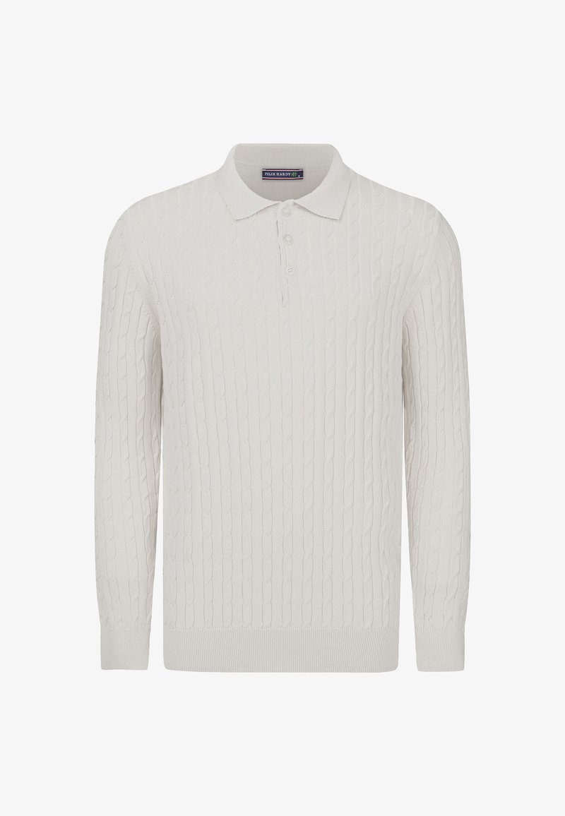 Valge kootud pullover, millel on krae, kolme nupuga eestpaneel ja soonikkoes mansetid ning alaosa, valmistatud pehmest tekstuuriga kangast.