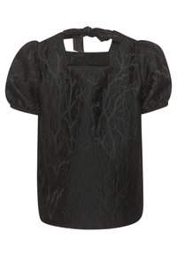 Blouse noire texturée à manches courtes bouffantes avec un col carré et un nœud noué à l'arrière.