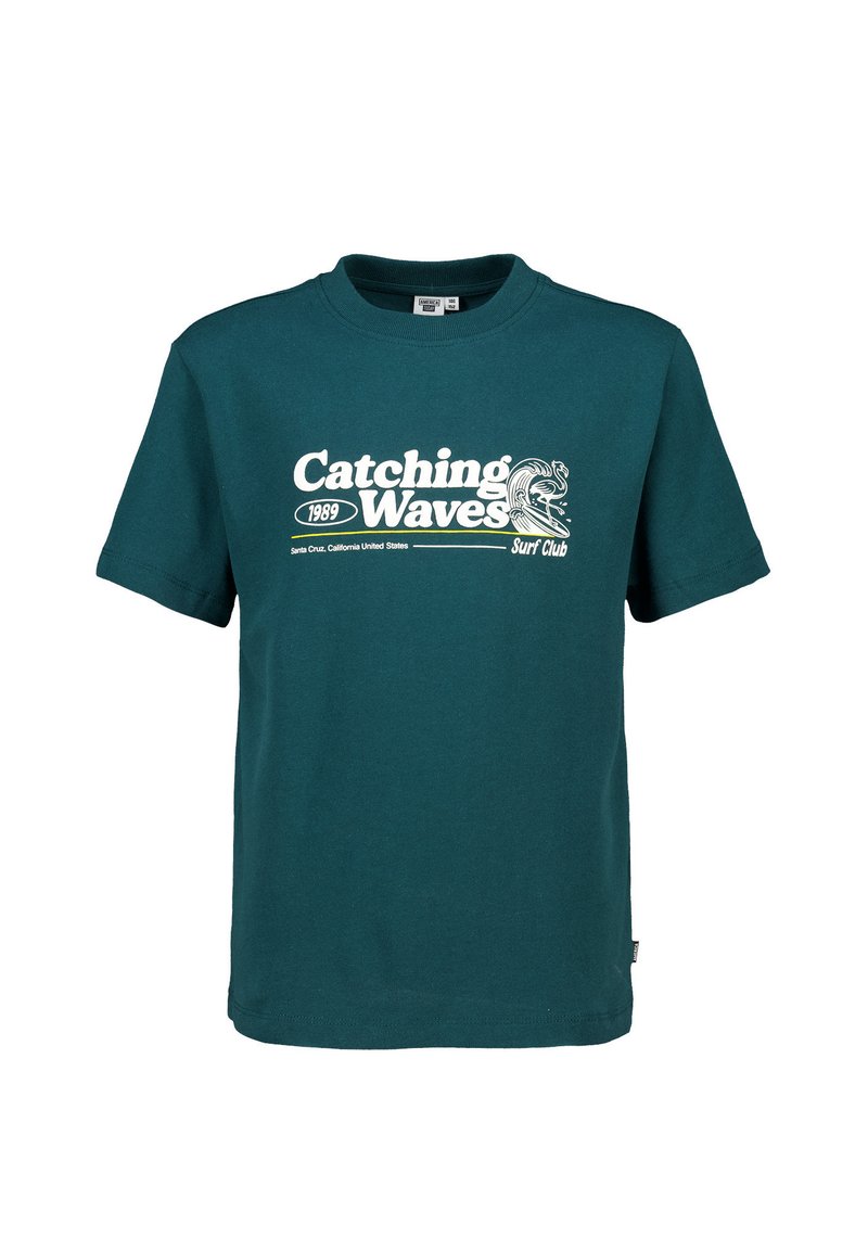 Teal cotton t-shirt with short sleeves. Features "Catching Waves" graphic in white, with a wave design and "Surf Club" text.