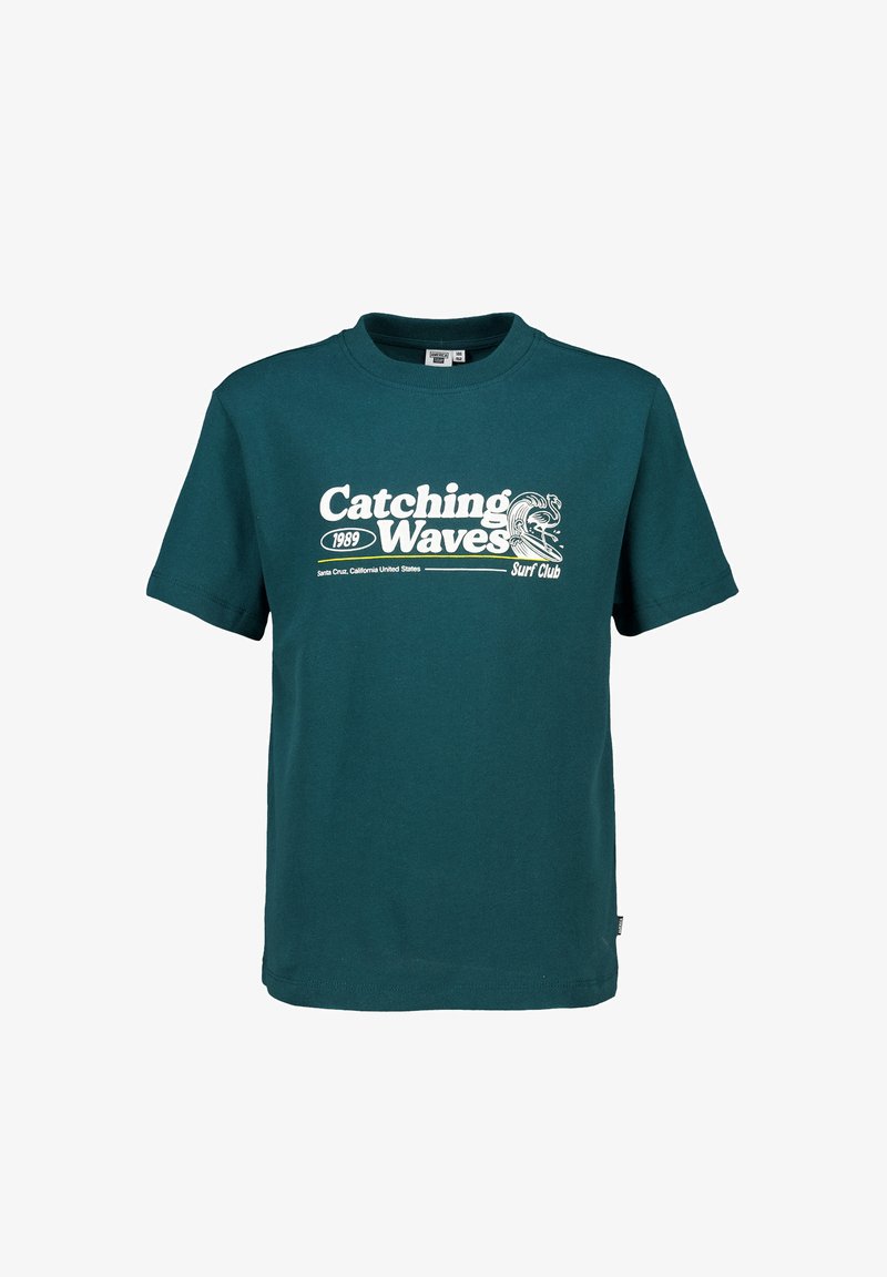 Teal cotton t-shirt with short sleeves. Features "Catching Waves" graphic in white, with a wave design and "Surf Club" text.