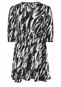 Svart och vit klänning med abstrakt tigerstrimmönster, V-ringning, trekvartslånga ärmar, utsvängd kjol och något strukturerad tyg.