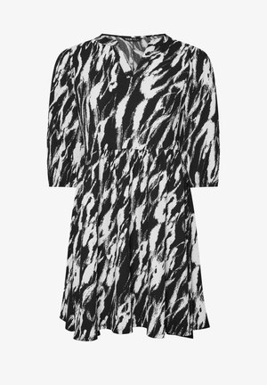 Zwart-wit jurkje met abstract tijgerstripepatroon, v-hals, driekwart mouwen, uitlopende rok en licht getextureerde stof.