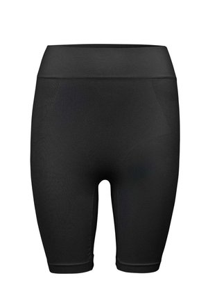 Zwarte atletische korte broek met een elastische taille, nauwsluitend ontwerp, gladde textuur en knielange snit. Geen patronen of extra kenmerken zichtbaar.