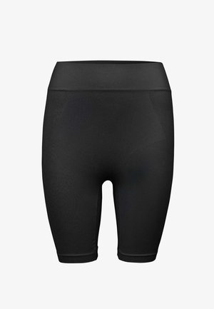 Zwarte atletische korte broek met een elastische taille, nauwsluitend ontwerp, gladde textuur en knielange snit. Geen patronen of extra kenmerken zichtbaar.