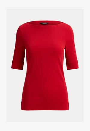 Red short-sleeve top in a smooth fabric, featuring a boat neckline and folded cuffs. Standard fit that provides a sleek silhouette.