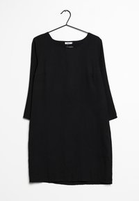 Schwarzes, knielanges Kleid aus glattem Stoff. Mit Rundhalsausschnitt und dreiviertellangen Ärmeln. Keine sichtbaren Verschlüsse oder Muster.
