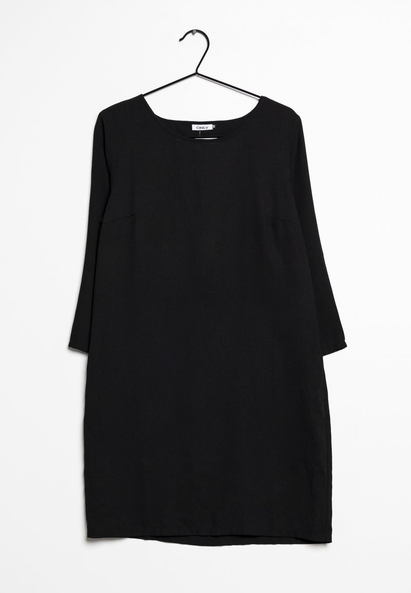 Schwarzes, knielanges Kleid aus glattem Stoff. Mit Rundhalsausschnitt und dreiviertellangen Ärmeln. Keine sichtbaren Verschlüsse oder Muster.