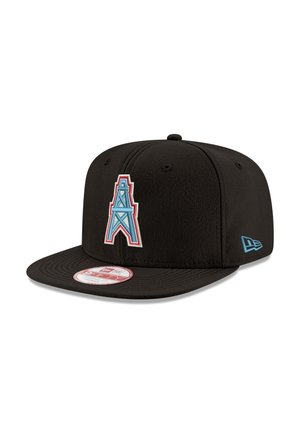 Black cap featuring a blue and red logo resembling a tower on the front. Structured design with a flat brim and logo detail on the side.