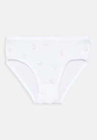 Hvite barnetruser med små rosa bamser og blå prikkemønster på en ensfarget bakgrunn.
