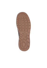 Semelle de chaussure en caoutchouc avec une surface brune texturée, présentant un motif en grille et un logo, conçue pour l'adhérence et la durabilité.