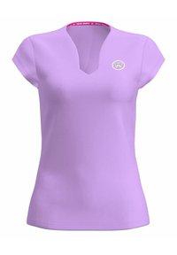 T-shirt viola a maniche corte con design a V. Presenta un piccolo logo sulla parte superiore sinistra del petto. Tessuto morbido con una forma aderente.