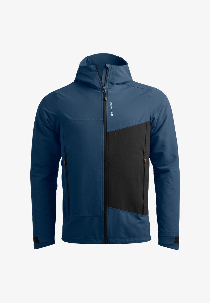 Blue and black hooded jacket, featuring a zip front, two pockets, and contrasting color blocks. Smooth texture with adjustable wrist straps.