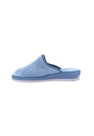 Pantofole morbide blu con tomaia in tessuto strutturato e suola imbottita, progettate per il comfort interno.