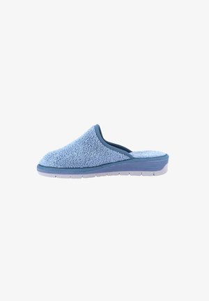 Pantofole morbide blu con tomaia in tessuto strutturato e suola imbottita, progettate per il comfort interno.