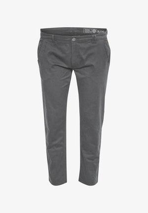 Szürke pamut chino nadrág, egyenes szabással, elülső zsebekkel, gombos záródással és feliratozott derékpánttal. Simább textúra.