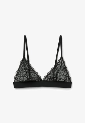 Bralette en dentelle noire avec des bonnets triangulaires aux bords festonnés, une bande inférieure noire unie et des bretelles fines réglables.