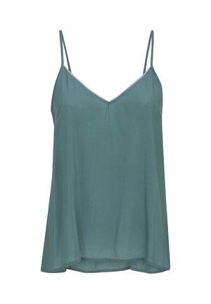 Ärmelloses türkisfarbenes Camisole-Top mit dünnen Spaghetti-Trägern und dezentem V-Ausschnitt, lockerer Sitz mit leicht ausgestelltem Saum.