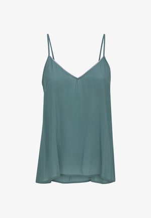 Ärmelloses türkisfarbenes Camisole-Top mit dünnen Spaghetti-Trägern und dezentem V-Ausschnitt, lockerer Sitz mit leicht ausgestelltem Saum.