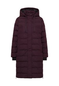 Cappotto invernale lungo e imbottito di un intenso viola scuro, con cappuccio, zip frontale, bottoni a pressione, coulisse e tasche laterali.