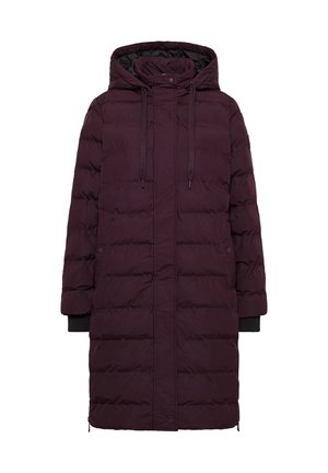 Cappotto invernale lungo e imbottito di un intenso viola scuro, con cappuccio, zip frontale, bottoni a pressione, coulisse e tasche laterali.