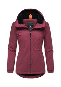 Giacca impermeabile bordeaux con chiusura a zip, cappuccio regolabile, fodera interna in pile nero e tessuto interno decorato. Presenta polsini elastici.