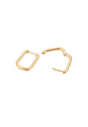 Deux petites boucles d'oreilles rectangulaires fines en or avec bords arrondis, une ouverte et une fermée, présentées sur un fond blanc.